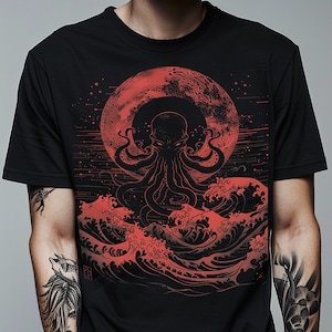 Cthulhu rödmåneskjorta | Japansk våg gotisk Kraken-tröja | Alternativa kläder, Eldritch Horror, Plusstorlek 2XL-5XL