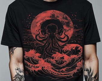 Cthulhu rödmåne-tröja, Eldritch Horror Kraken-tröja, mörk fantasi-bomullströja