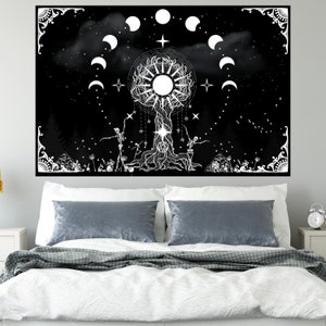Tree Of Life Tapestry. Witchy Wall Art Hanging Tapestry.  Forest Moon Phase. Occult Wall Art. Skeleton Tapestry. Gothic Home Decor Aesthetic