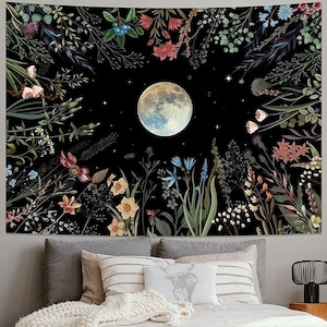 Moon Tapestry Aesthetic, Witchy Decor, Cottagecore Decor Wall Hanging Tapestry, Floral Print, Flowers Wall Art, Pagan Altar Cloth