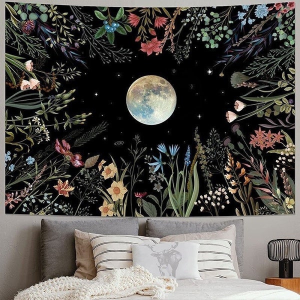 Moon Tapestry Aesthetic, Witchy Decor, Cottagecore Decor Wall Hanging Tapestry, Floral Print, Flowers Wall Art, Pagan Altar Cloth