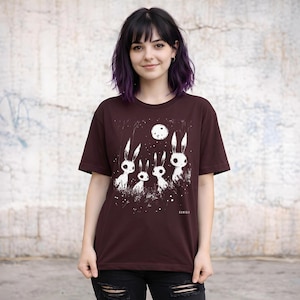 Gothic rabbit shirt featuring a dark academia and fairy grunge aesthetic. A KAMIOJI alternative clothing tee, perfect for witchy T-shirt lovers and horror gifts for her. Oxblood black color variation.