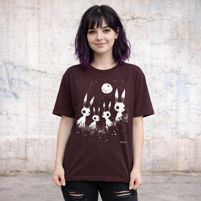 Gothic rabbit shirt featuring a dark academia and fairy grunge aesthetic. A KAMIOJI alternative clothing tee, perfect for witchy T-shirt lovers and horror gifts for her. Oxblood black color variation.