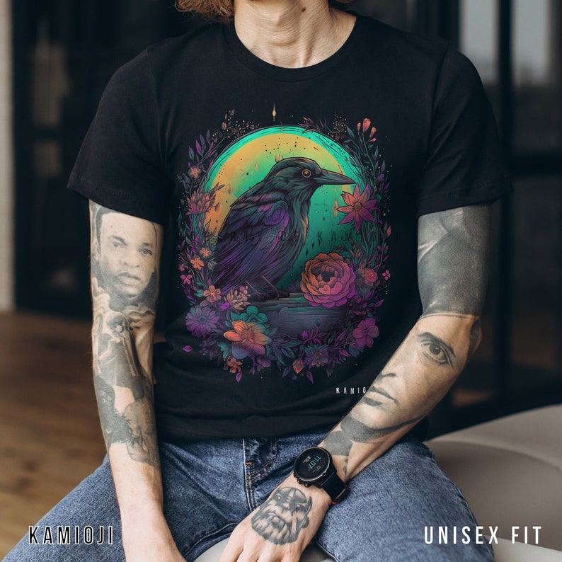 Crow Tshirt, moon & flowers