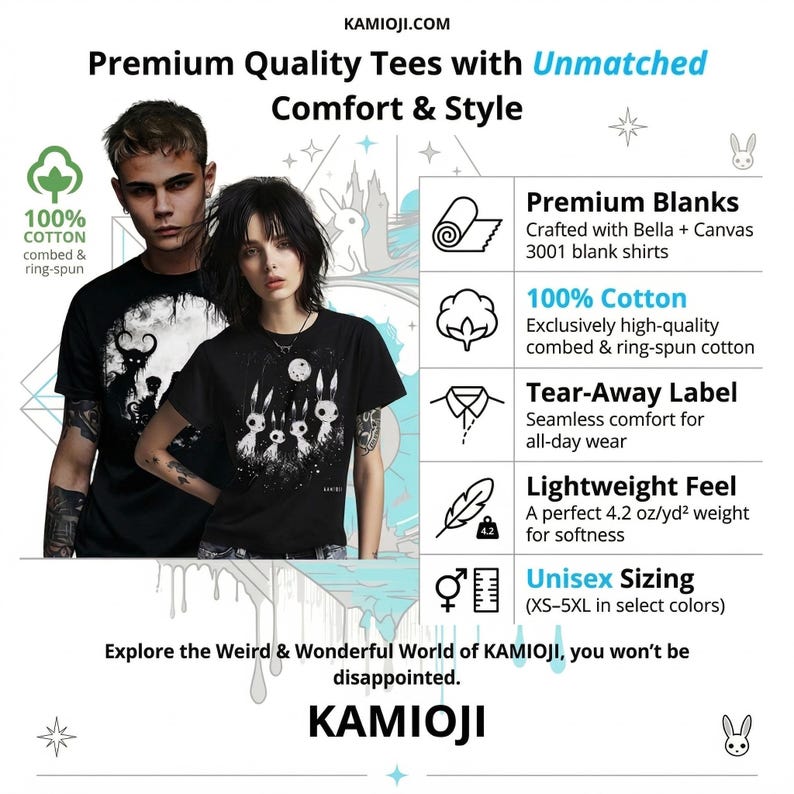 Puede incluir: Dos personas modelan camisetas negras con dise&ntilde;os gr&aacute;ficos &uacute;nicos. Las camisetas est&aacute;n hechas de 100% algod&oacute;n peinado y hilado en anillo. El texto de la imagen dice "Premium Quality Tees with Unmatched Comfort & Style" y "Unisex Sizing".