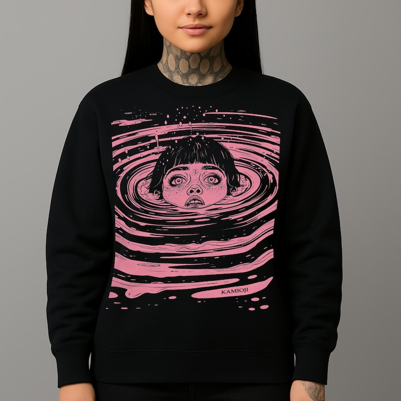 Anime Horror Sweatshirt: Drowning Girl Spiral Sweater, Trippy Weirdcore Graphic Jumper, Alt Clothing image 2