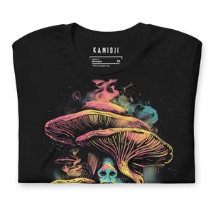 Psychedelic magic mushroom T-shirt featuring a trippy space design. Y2K-inspired alt clothing by KAMIOJI, available in womens and mens sizes up to 5XL. Perfect for stoner gifts or Christmas presents.