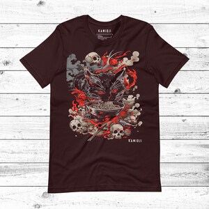 Weirdcore clothes meet dark art in this KAMIOJI black cat ramen shirt. Inspired by Junji Ito’s horror aesthetic, perfect for fans of Japanese art and Y2K streetwear. A bold alt clothing choice for graphic tee lovers. OXBLOOD BLACK.