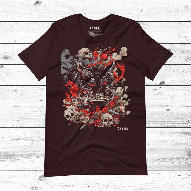 Weirdcore clothes meet dark art in this KAMIOJI black cat ramen shirt. Inspired by Junji Ito’s horror aesthetic, perfect for fans of Japanese art and Y2K streetwear. A bold alt clothing choice for graphic tee lovers. OXBLOOD BLACK.
