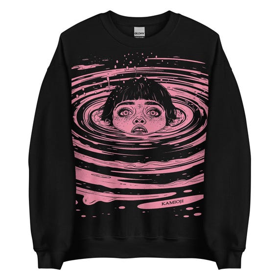 Anime Horror Sweatshirt: Drowning Girl Spiral Sweater, Trippy Weirdcore Graphic Jumper, Alt Clothing