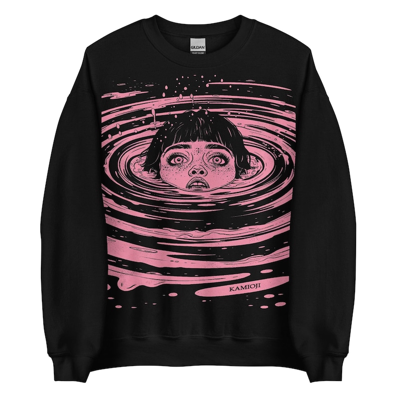 Horror sweatshirt inspired by Junji Ito, blending dark aesthetic and grunge vibes. An anime sweatshirt with creepy lofi and trippy psychedelic elements. KAMIOJI’s weirdcore clothes for alternative fashion lovers and alt clothing fans.