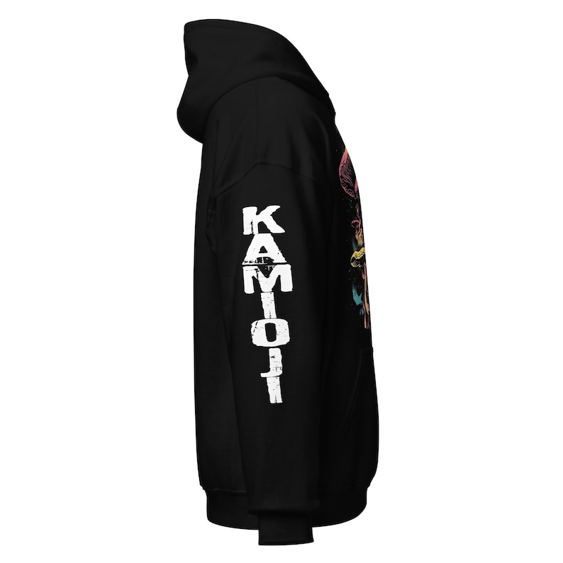 Sleeve logo. Trippy sweatshirt with magic mushroom and space hoodie design. A psychedelic KAMIOJI pullover, ideal for y2k sweater, stoner gifts, and alt clothing lovers. Great for hippie boho and retro vintage fans in mens and womens styles.