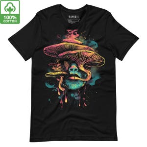 Mushroom T-shirt featuring magic mushroom and trippy psychedelic design. A space tee by KAMIOJI, perfect for Y2K alt clothing fans. Graphic T-shirt available in 2XL to 5XL, ideal stoner gift for mens and womens Christmas.