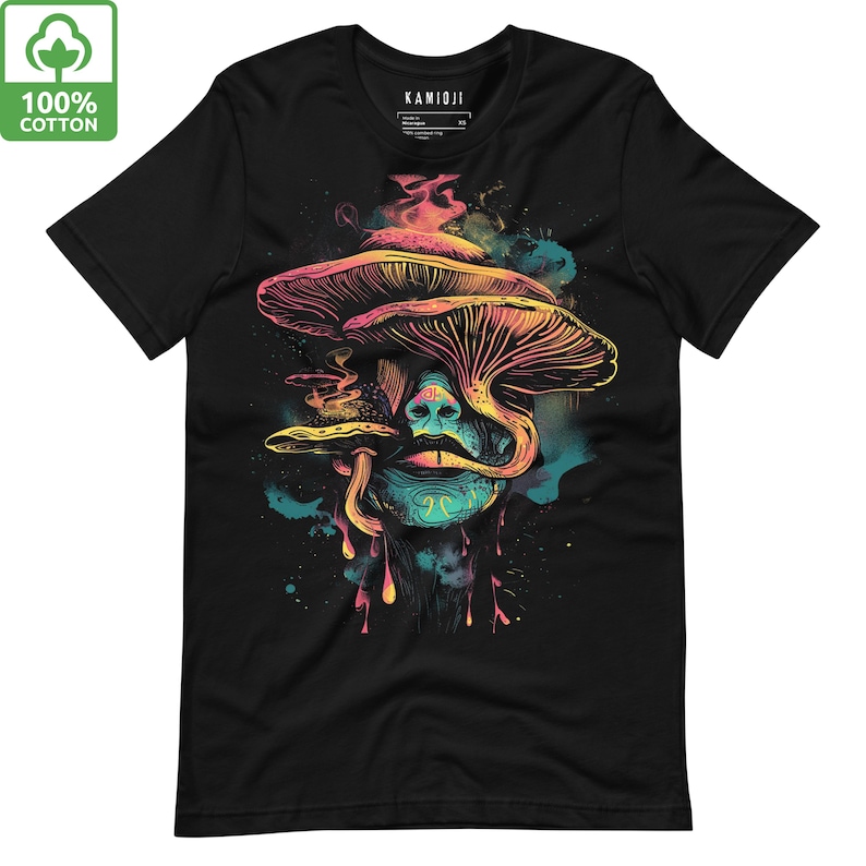 Mushroom T-shirt featuring magic mushroom and trippy psychedelic design. A space tee by KAMIOJI, perfect for Y2K alt clothing fans. Graphic T-shirt available in 2XL to 5XL, ideal stoner gift for mens and womens Christmas.