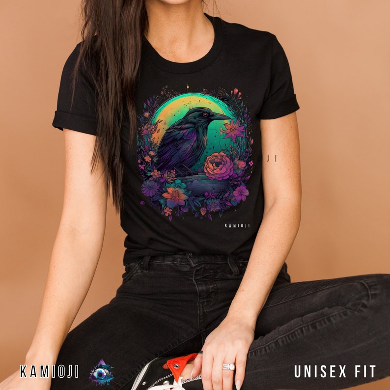 Black t shirt, green moon, floral background