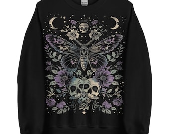 Felpa con falena gotica, maglione gotico pastello, camicia con teschio floreale