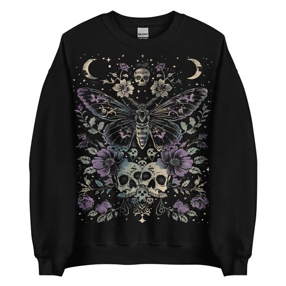 Gothic Moth Sweatshirt, Pastel Goth Sweater, Floral Skull Shirt