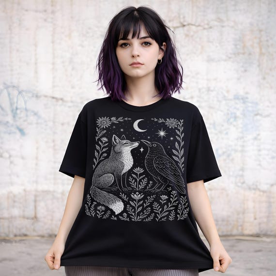 Fox & Crow Linocut Shirt, Dark Cottagecore Tshirt, Witchy Nature Graphic Tee, Celestial Clothing