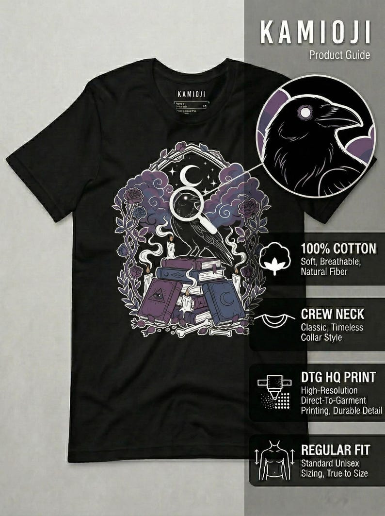 May include: Black crew neck t-shirt with a graphic featuring a raven, books, candles, and a crescent moon. The design includes the text "KAMIOJI" and product details: 100% cotton, crew neck, DTG HQ print, and regular fit.