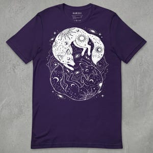 Purple variation, celestial yin yang fox T-shirt. Witchy unisex clothing.