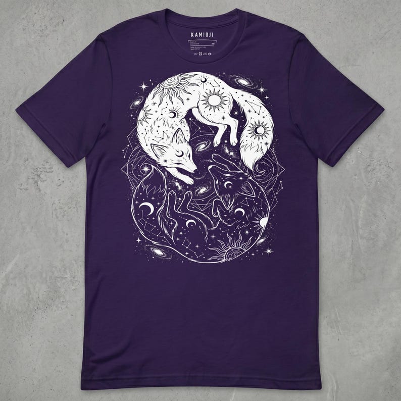 Purple variation, celestial yin yang fox T-shirt. Witchy unisex clothing.