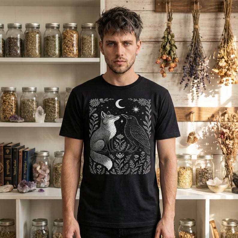 Fox and crow shirt with celestial accents, blending gothic nature and folk art styles. Unisex fit, 100% cotton t-shirt, crew neck.