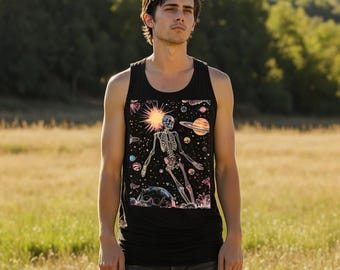Mens Space Skeleton Tank Top: Trippy Cosmic Skull Graphic Tee
