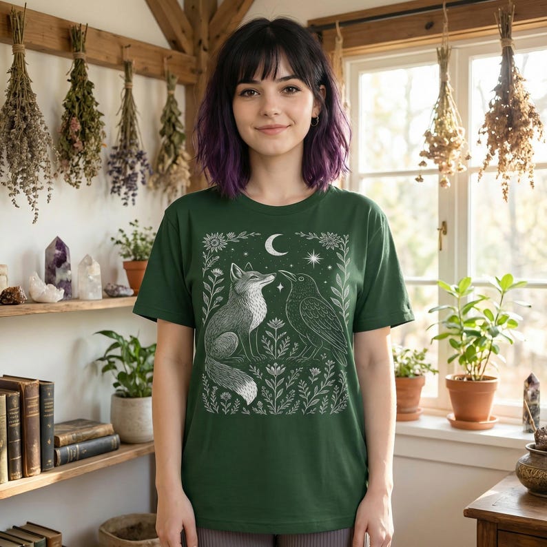 Celestial t-shirt for fans of goblincore and wiccan pagan themes, featuring mystical animal art