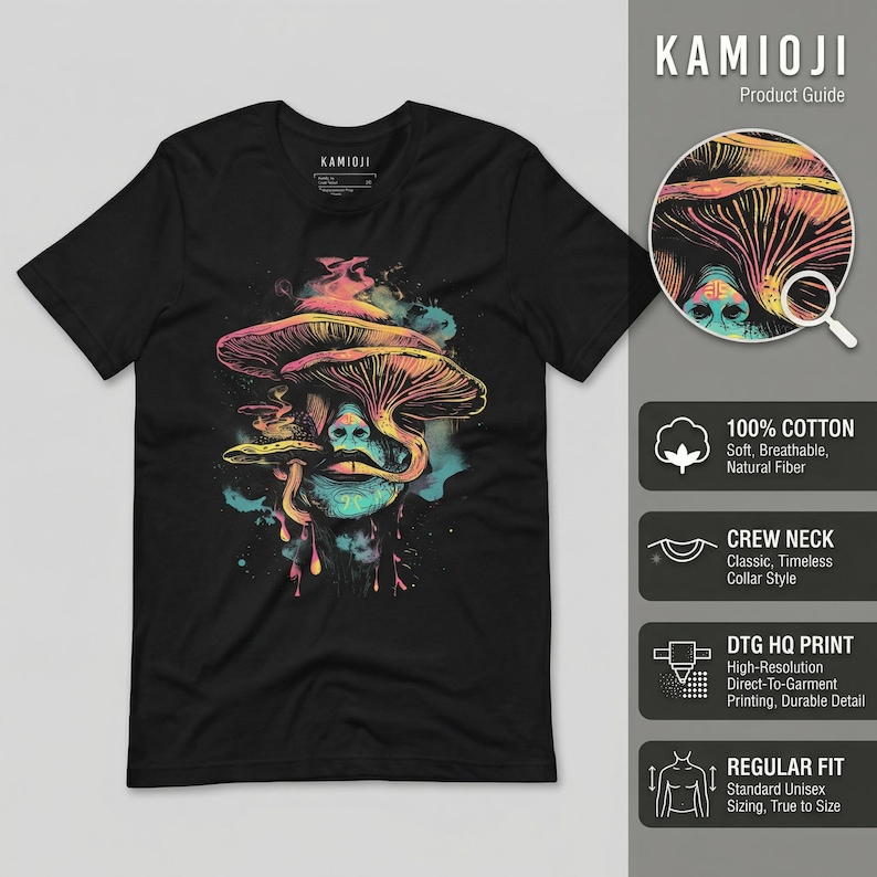 以下が含まれることがあります： 黒いクルーネックTシャツ。サイケデリックなデザインのキノコのような顔のカラフルなグラフィックが特徴です。シャツにはブランド名「KAMIOJI」がプリントされています。製品ガイドには、シャツは綿100％で、レギュラーフィットであることが示されています。