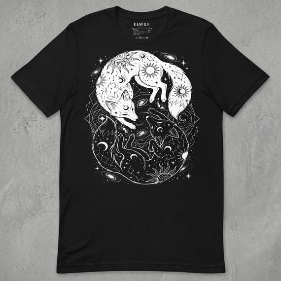 Fox Yin Yang Shirt, Celestial Sun and Moon Tshirt, Dark Cottagecore Graphic Tee