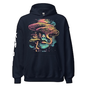 Space hoodie featuring magic mushroom and trippy design. A KAMIOJI psychedelic sweatshirt for retro vintage, hippie boho, and alt clothing fans. Great stoner gift or y2k sweater for womens and mens.