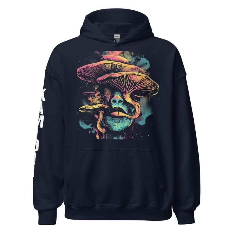 Space hoodie featuring magic mushroom and trippy design. A KAMIOJI psychedelic sweatshirt for retro vintage, hippie boho, and alt clothing fans. Great stoner gift or y2k sweater for womens and mens.