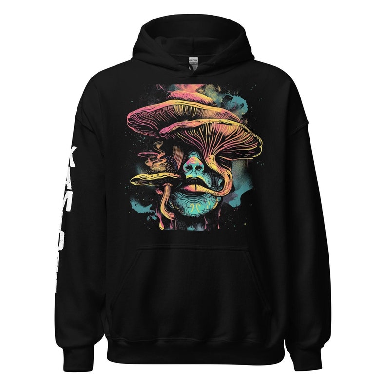Mushroom hoodie featuring magic mushroom and trippy psychedelic design. A KAMIOJI graphic pullover blending y2k sweater and hippie boho vibes. Perfect for stoner gifts and retro vintage alt clothing for womens and mens.