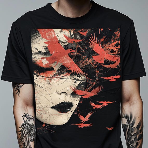 Geisha Crow Tshirt, Japanese Horror Shirt, Art Nouveau Graphic Tee, Alternative Clothing