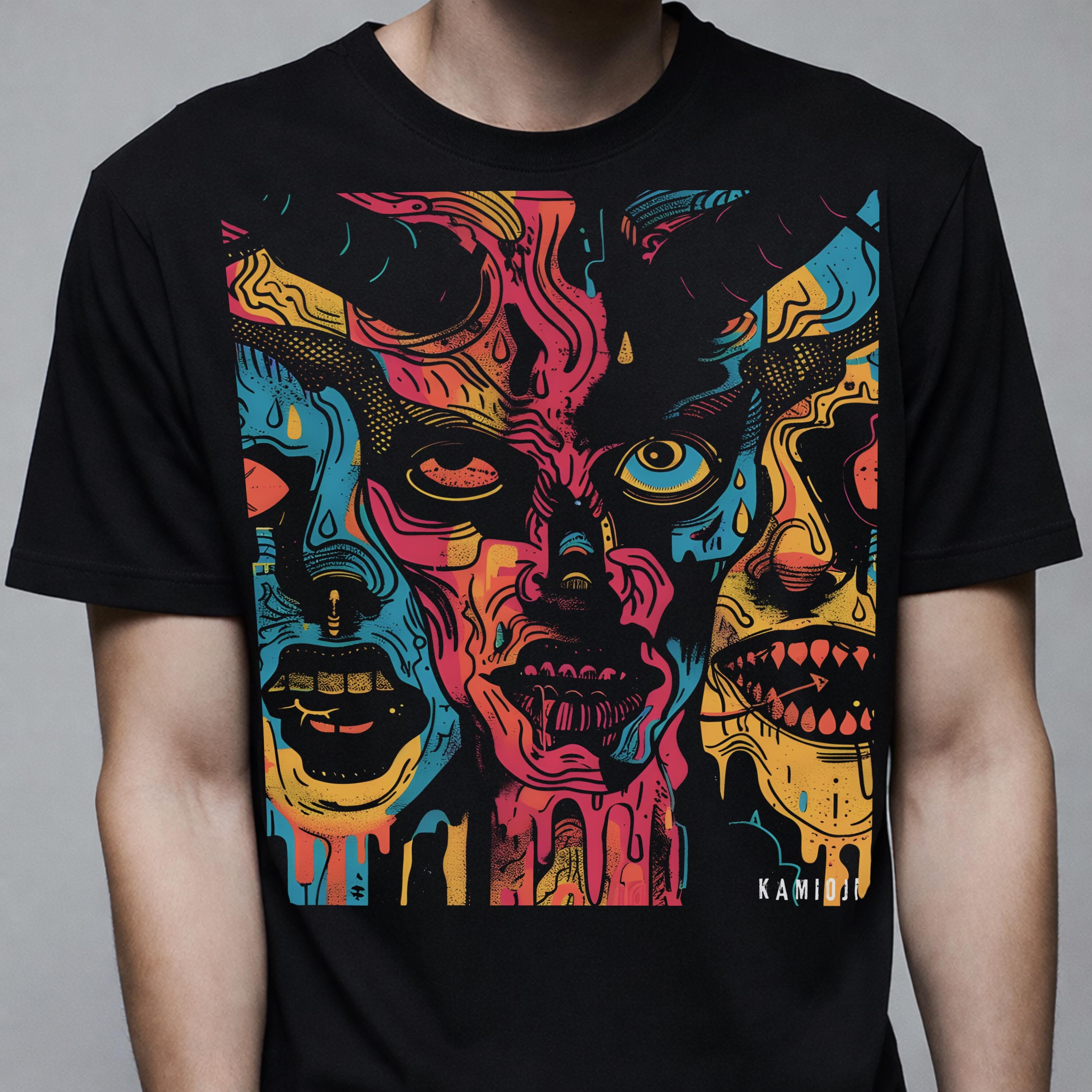 オカルト悪魔グラフィックTシャツ：カラフルなサイケデリックイラスト