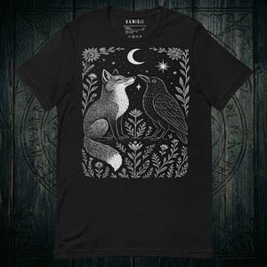 Fox and crow tshirt with crescent moon. Black color variation, witchy clothing.