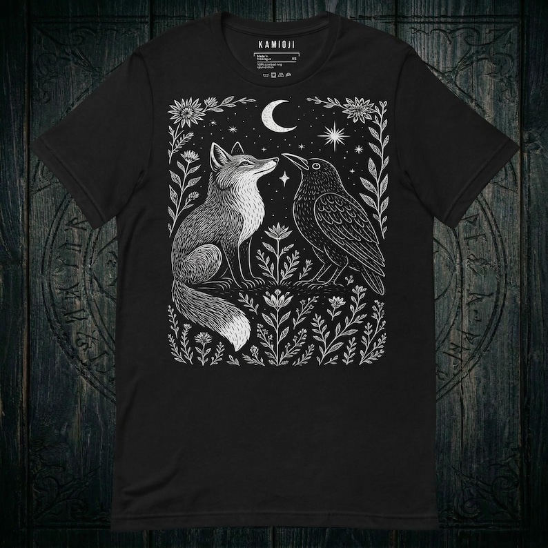 Fox and crow tshirt with crescent moon. Black color variation, witchy clothing.