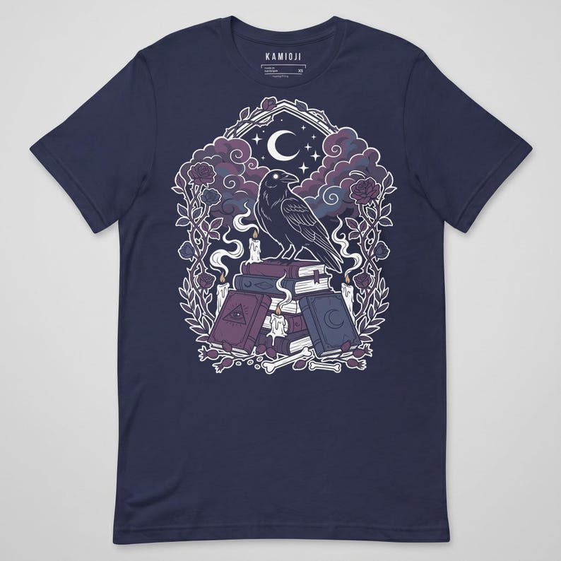 Witchcraft themed graphic with crow, candles, and spell books. Navy.