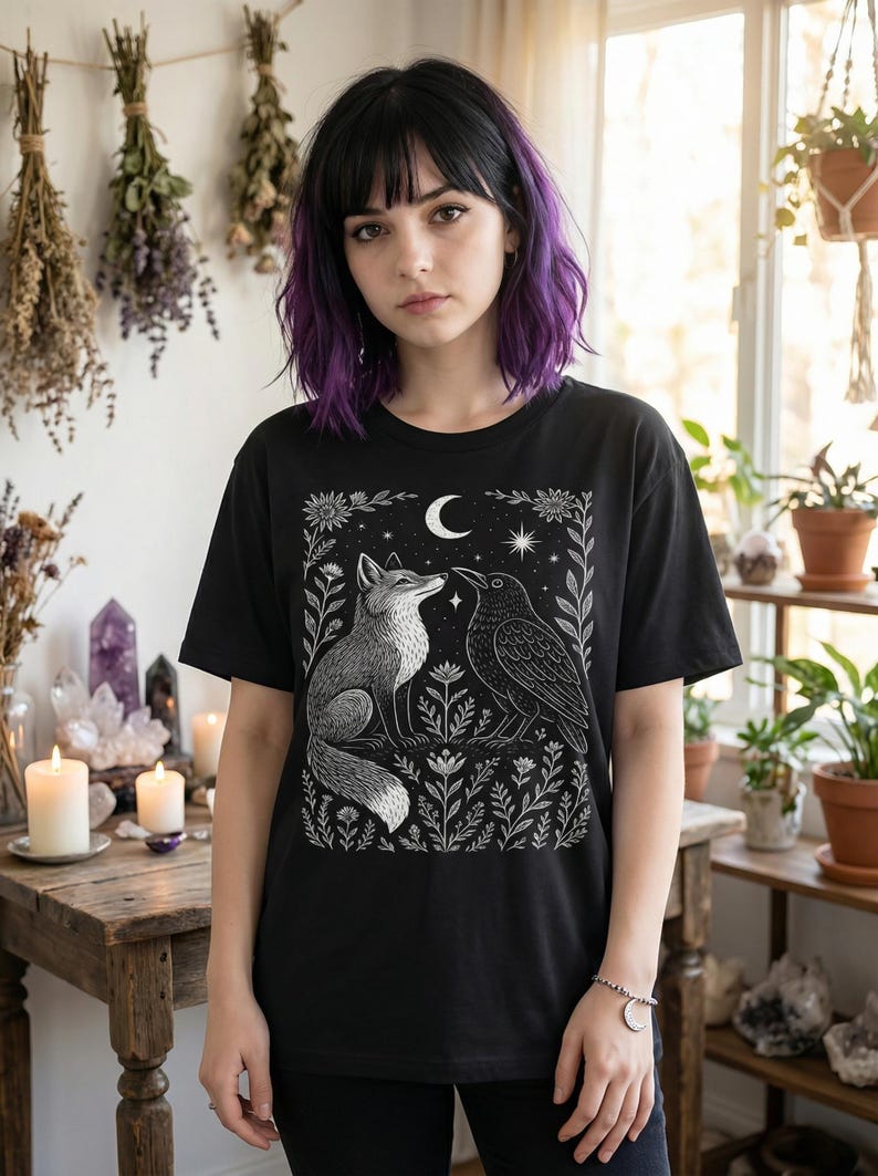 Witchy fox and crow tshirt with a crescent moon and floral border. Unisex cotton tee with a crew neck. White ink on a black t-shirt. Dark cottagecore clothing.