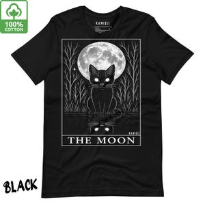 Camiseta de Tarot de la Luna - Camiseta de Carta de Tarot de Gato, Camiseta de Gato Negro Brujo, Camiseta Gráfica Unisex de Familiar Brujo, KAMIOJI