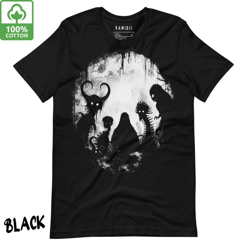 Bigfoot shirt featuring creepy scary and dark art oddity design. A weirdcore T-shirt by KAMIOJI blending Mothman, Sasquatch, and lofi horror vibes. Perfect alt clothing or weird stuff gift.