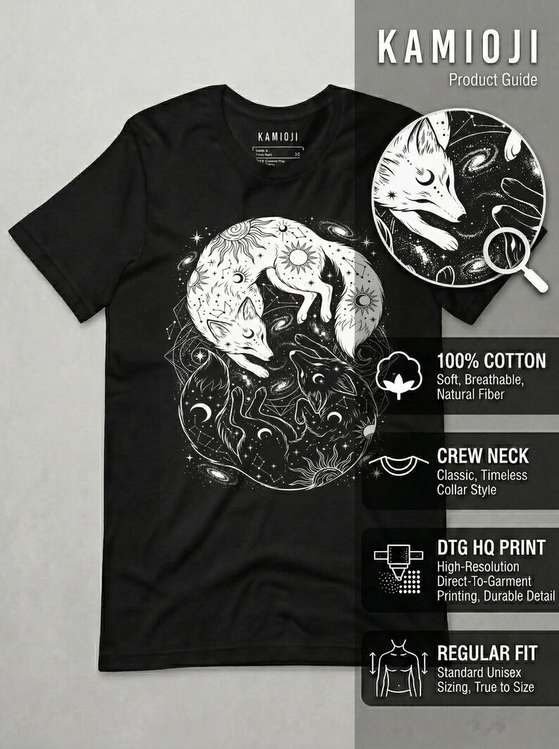 KAMIOJI - Celestial Yin Yang Fox product infographic.