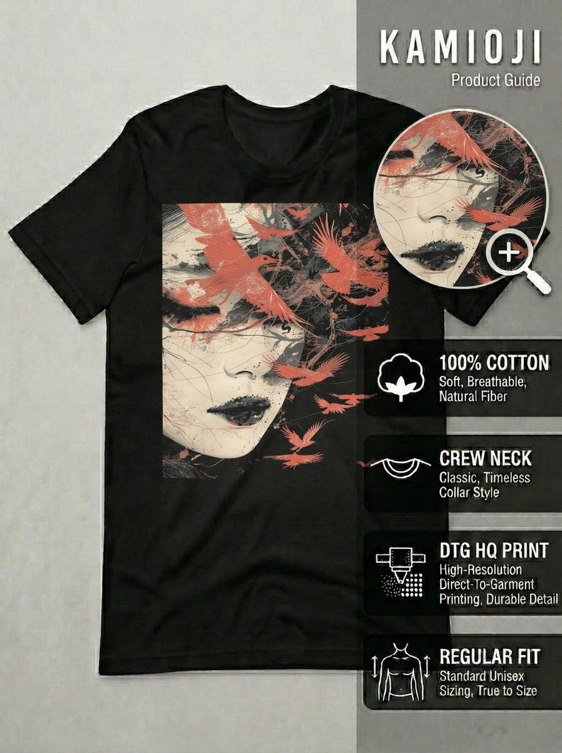 K&ouml;nnte beinhalten: Schwarzes T-Shirt mit Rundhalsausschnitt und Grafik eines Frauengesichts mit roten V&ouml;geln. Das Shirt besteht aus 100 % Baumwolle und hat eine regul&auml;re Passform. Der Text "KAMIOJI Product Guide" steht oben.