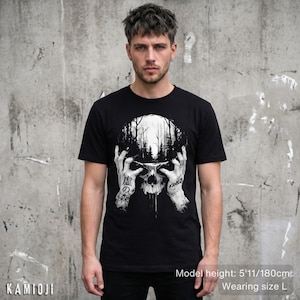 Surreal skull forest shirt with gothic and horror elements, inspired by Japanese dark art