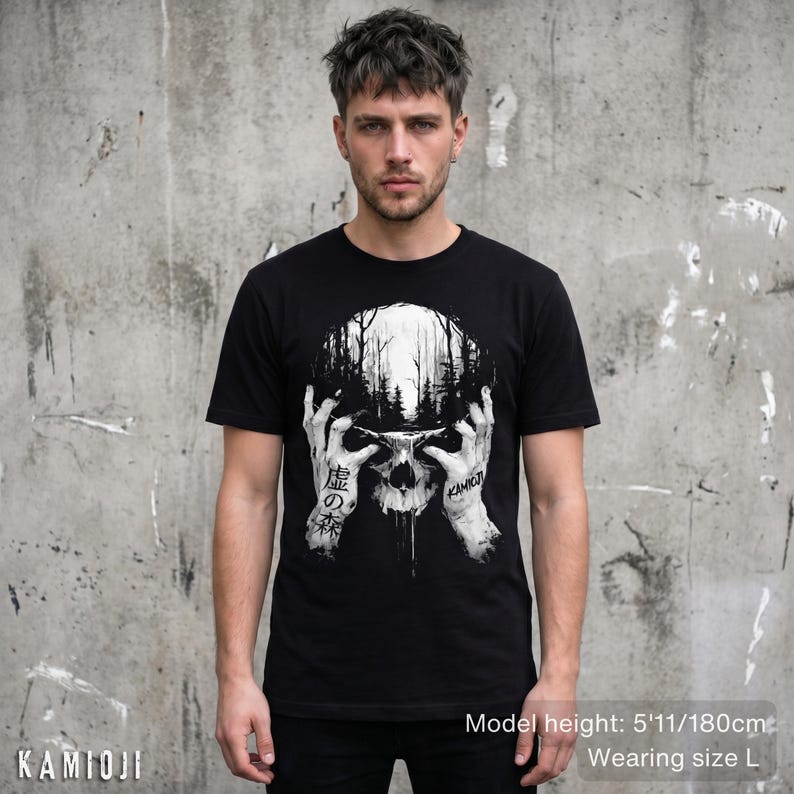 Surreal skull forest shirt with gothic and horror elements, inspired by Japanese dark art