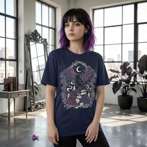 Dark academia style raven illustration with books and occult symbols. Navy.