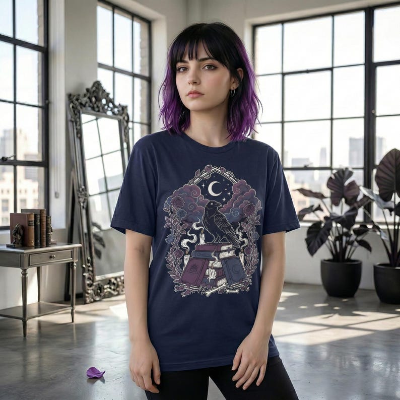 Dark academia style raven illustration with books and occult symbols. Navy.