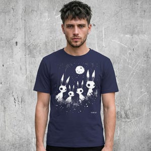 Alternative clothing, creepy cute goth bunny shirt. Navy color variation.