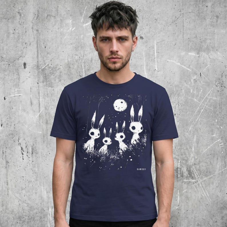 Alternative clothing, creepy cute goth bunny shirt. Navy color variation.