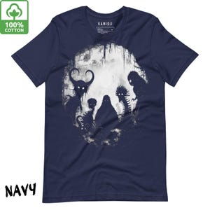 Alien-inspired Bigfoot shirt featuring creepy scary black and white art. A gothic T-shirt by KAMIOJI, blending lofi horror, weirdcore, and alt clothing styles. Great as a weird stuff gift.